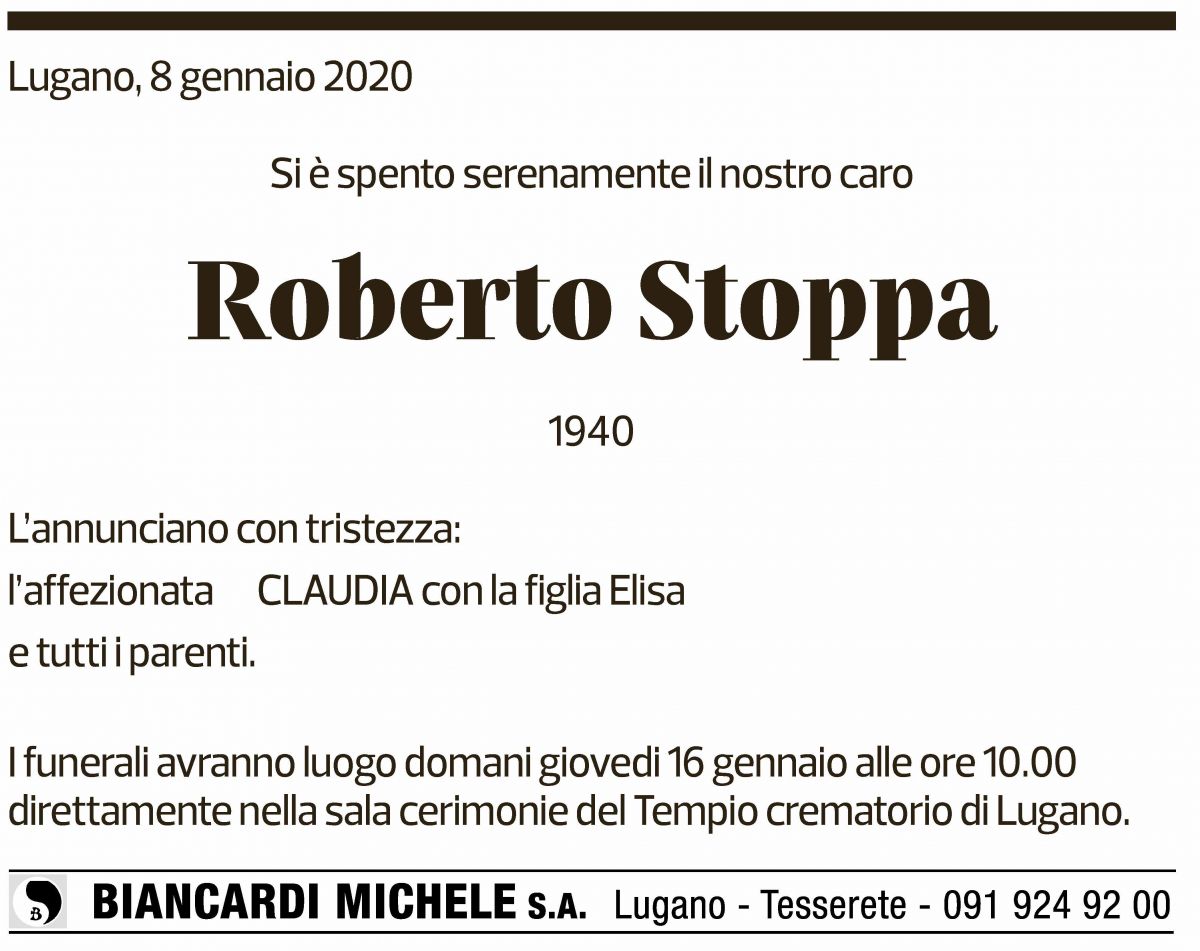 Annuncio funebre Roberto Stoppa