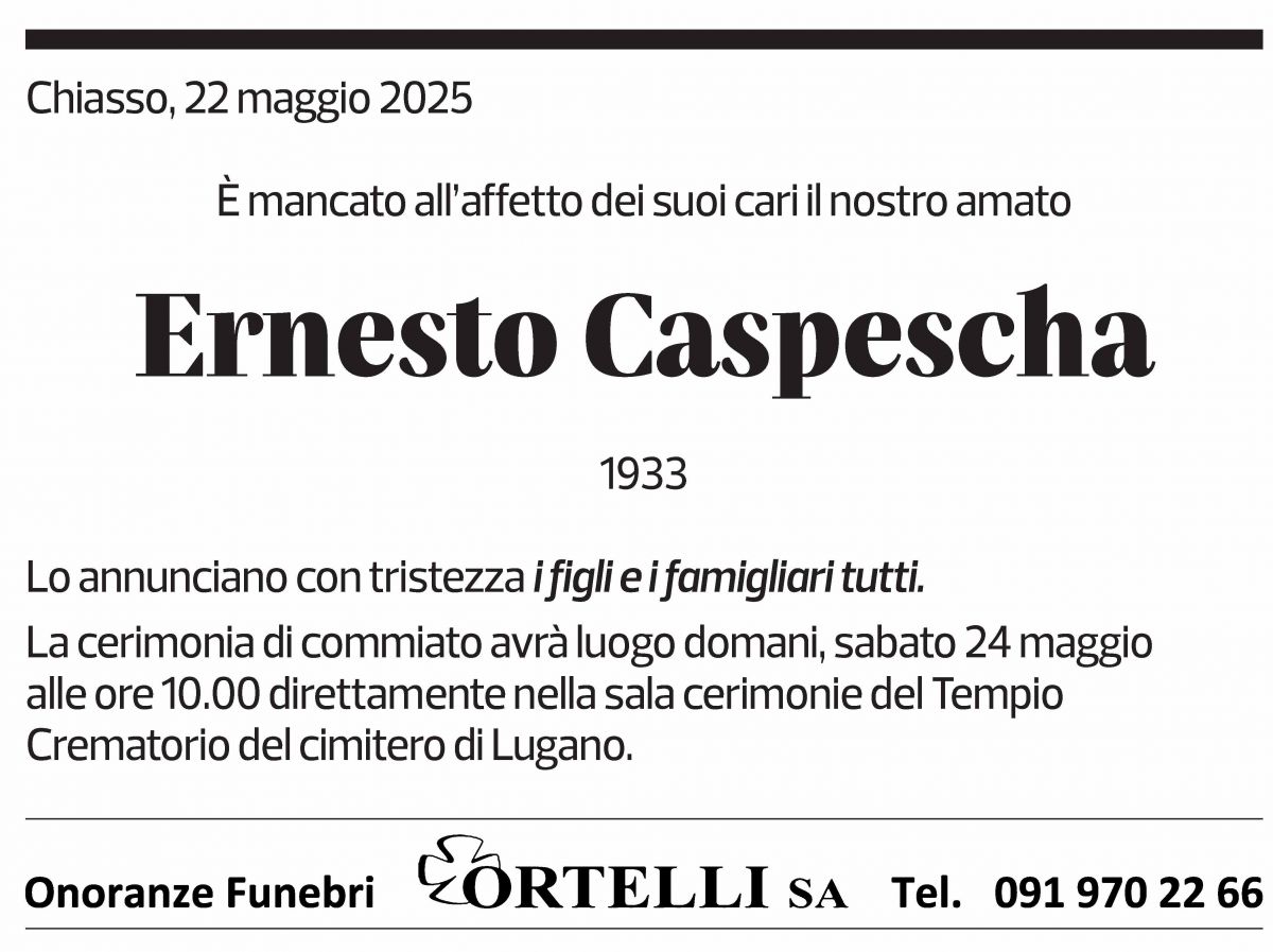 Annuncio funebre Ernesto Caspescha