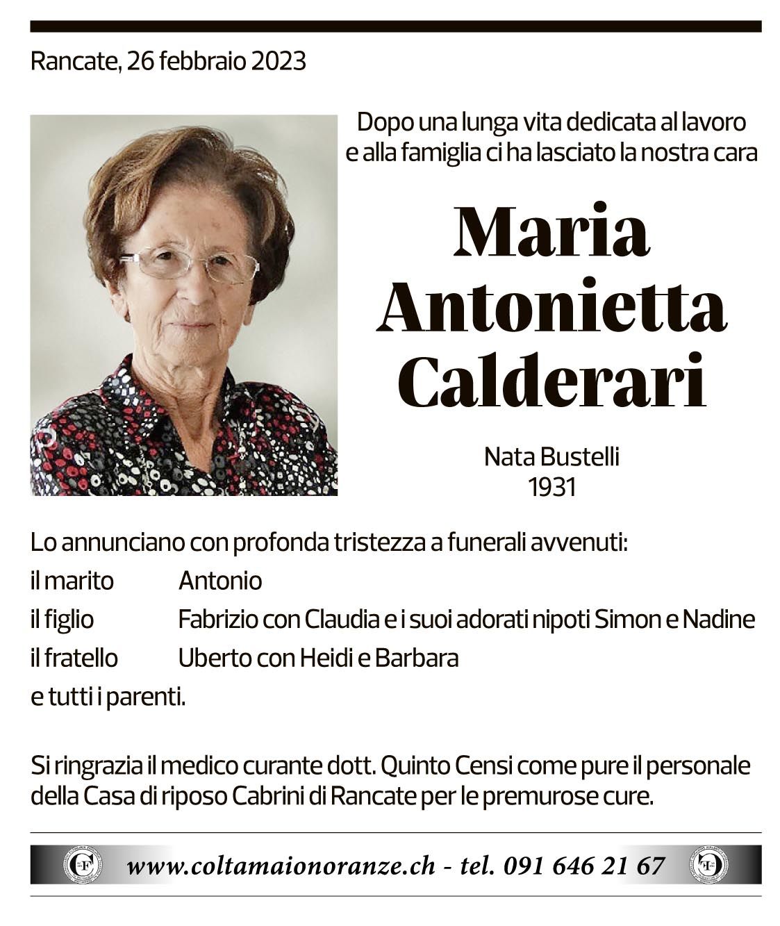 Annuncio funebre Maria Antonietta Calderari