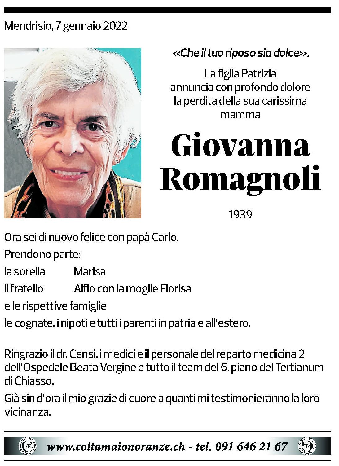 Annuncio funebre Giovanna Romagnoli