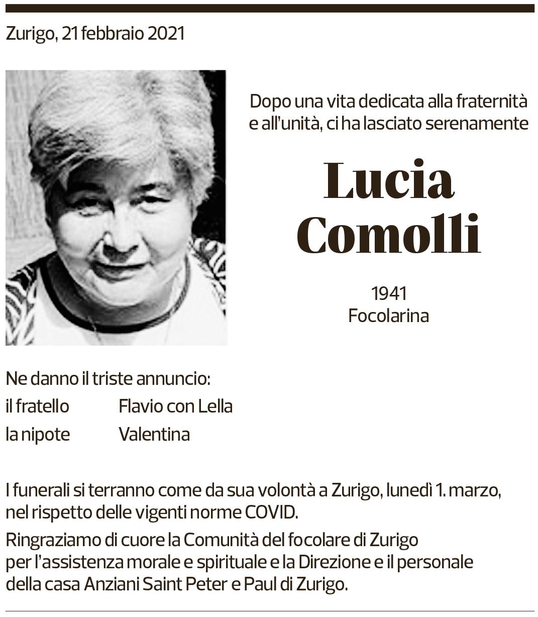 Annuncio funebre Lucia Comolli