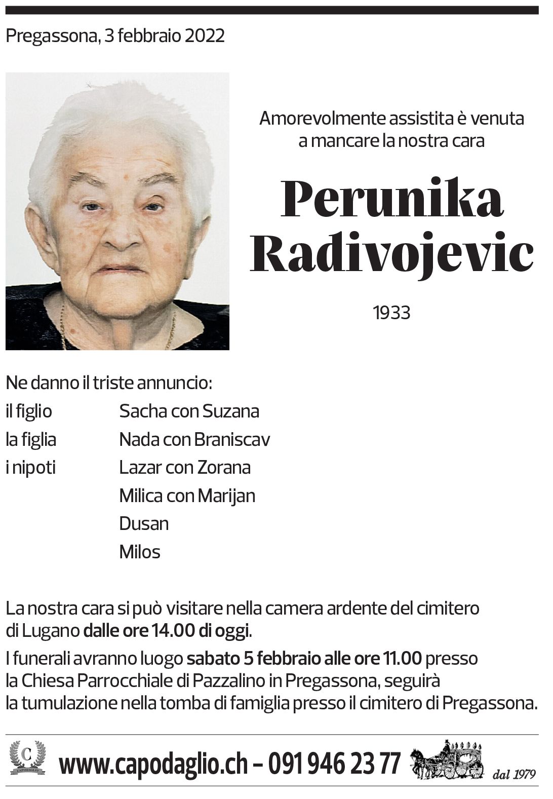 Annuncio funebre Perunila Radivojevic