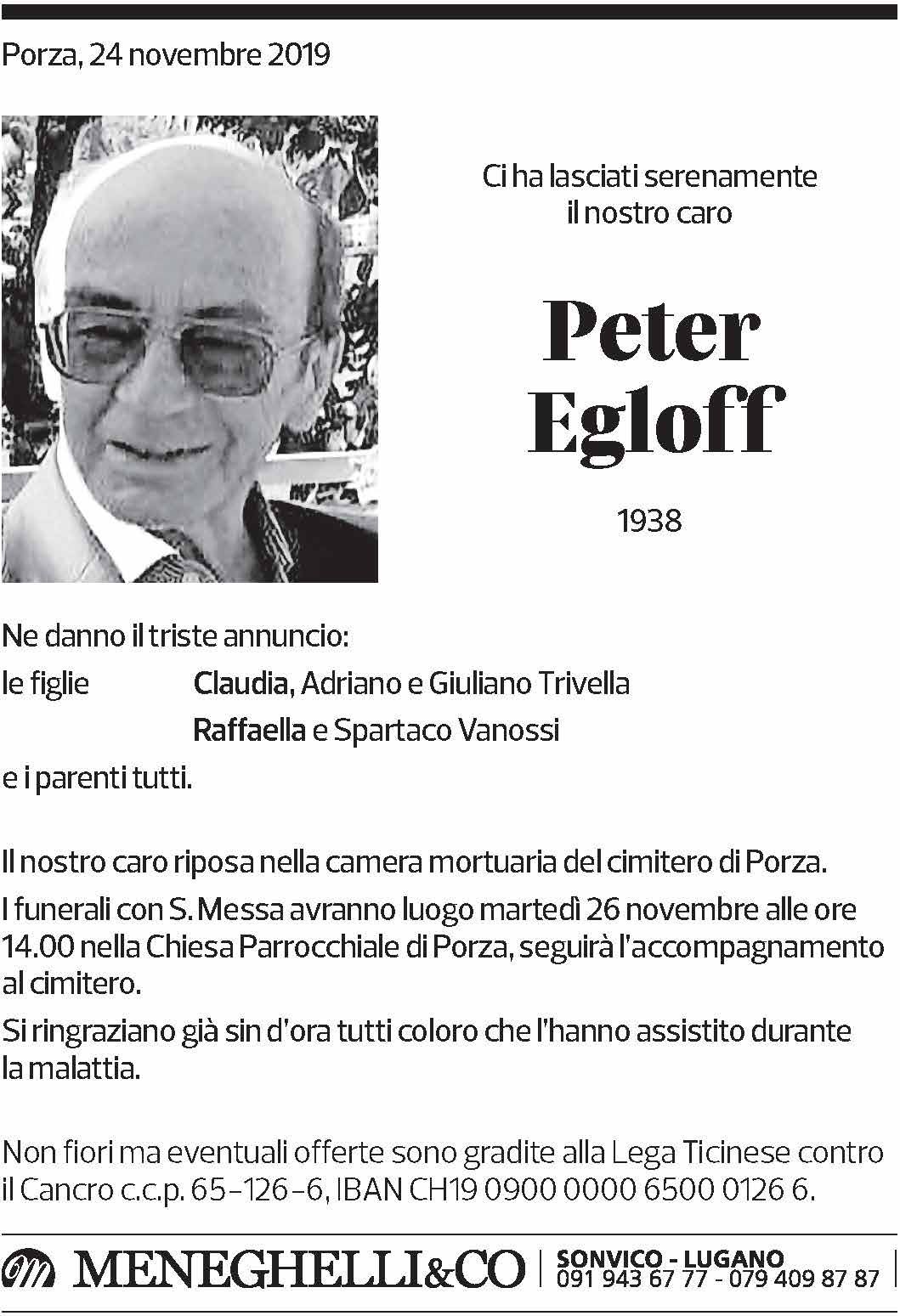 Annuncio funebre Peter Egloff