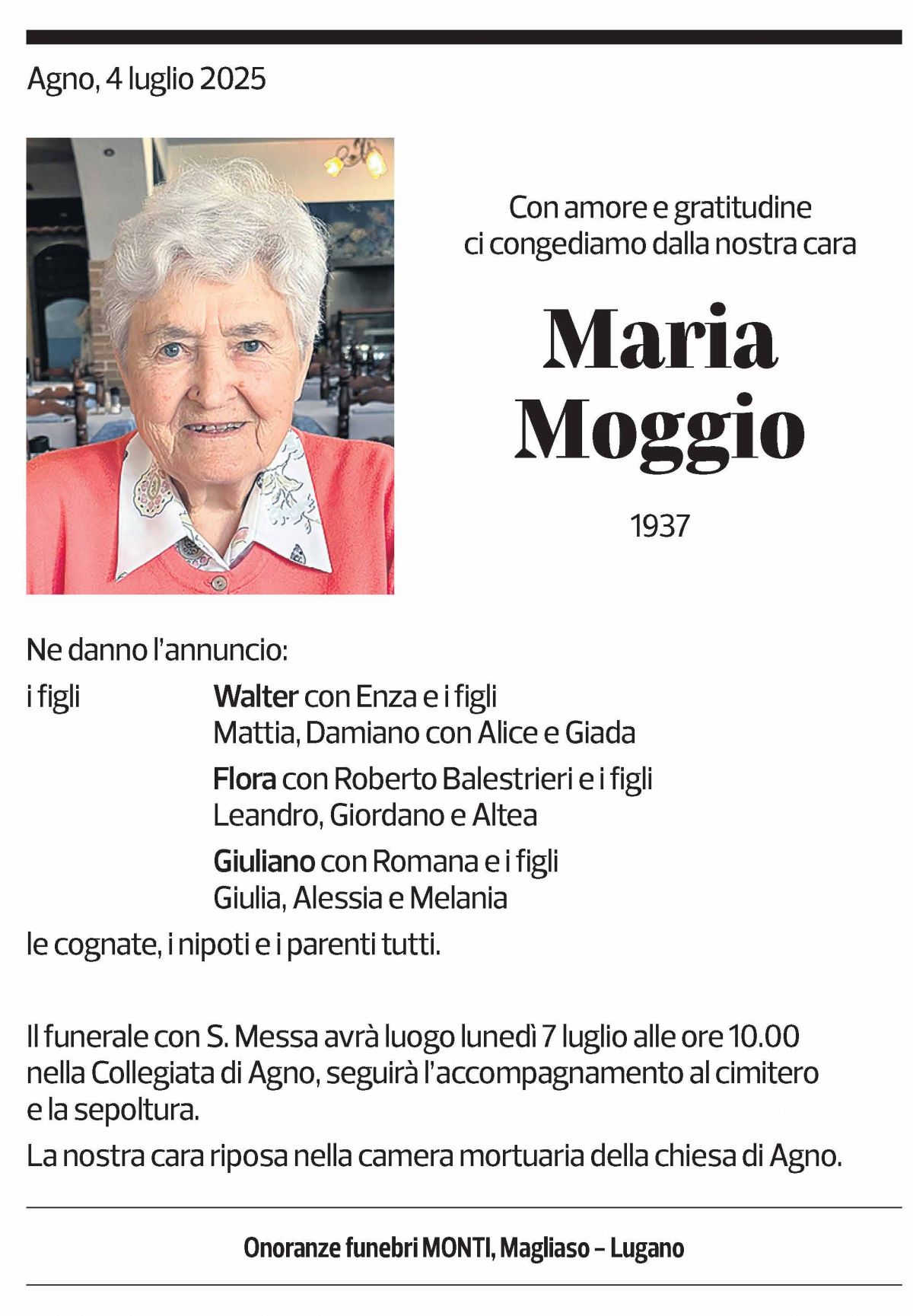 Annuncio funebre Maria Moggio