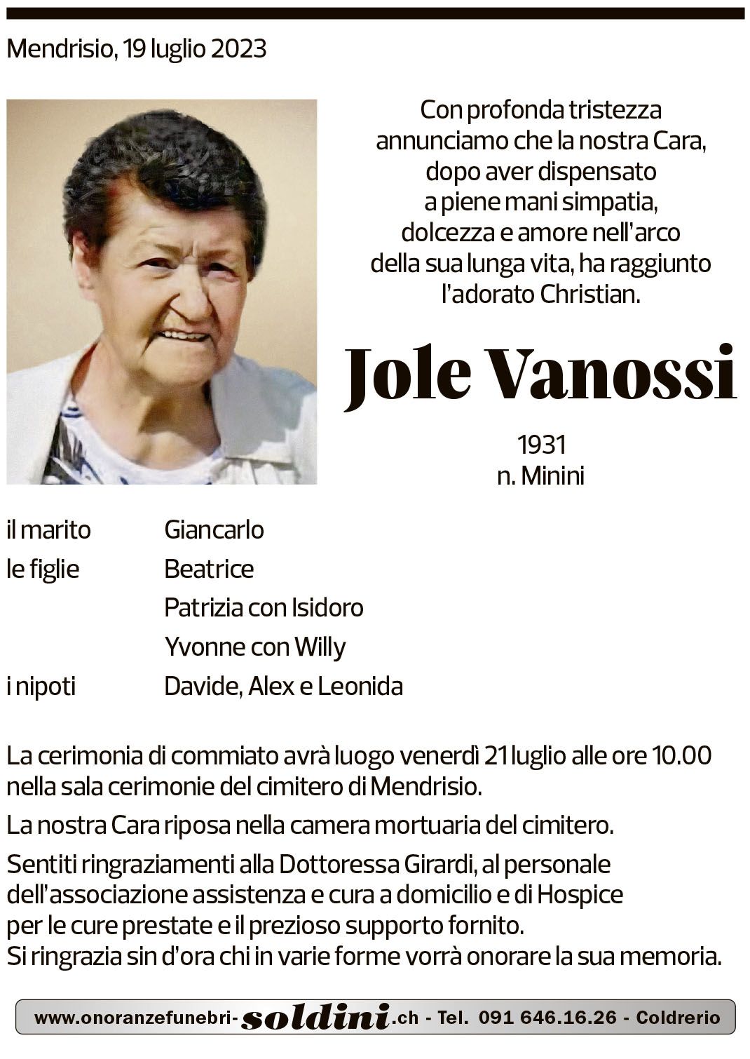 Annuncio funebre Jole Vanossi