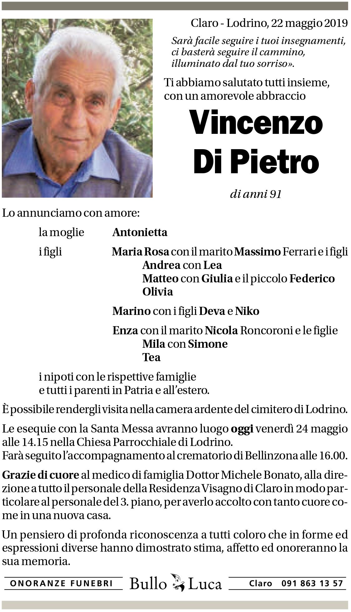 Annuncio funebre Vincenzo Di Pietro