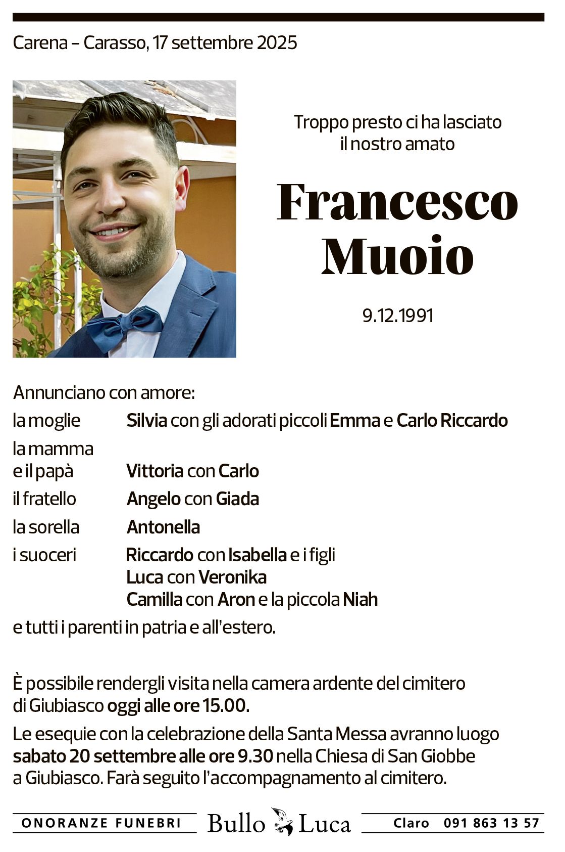Annuncio funebre Francesco Muoio