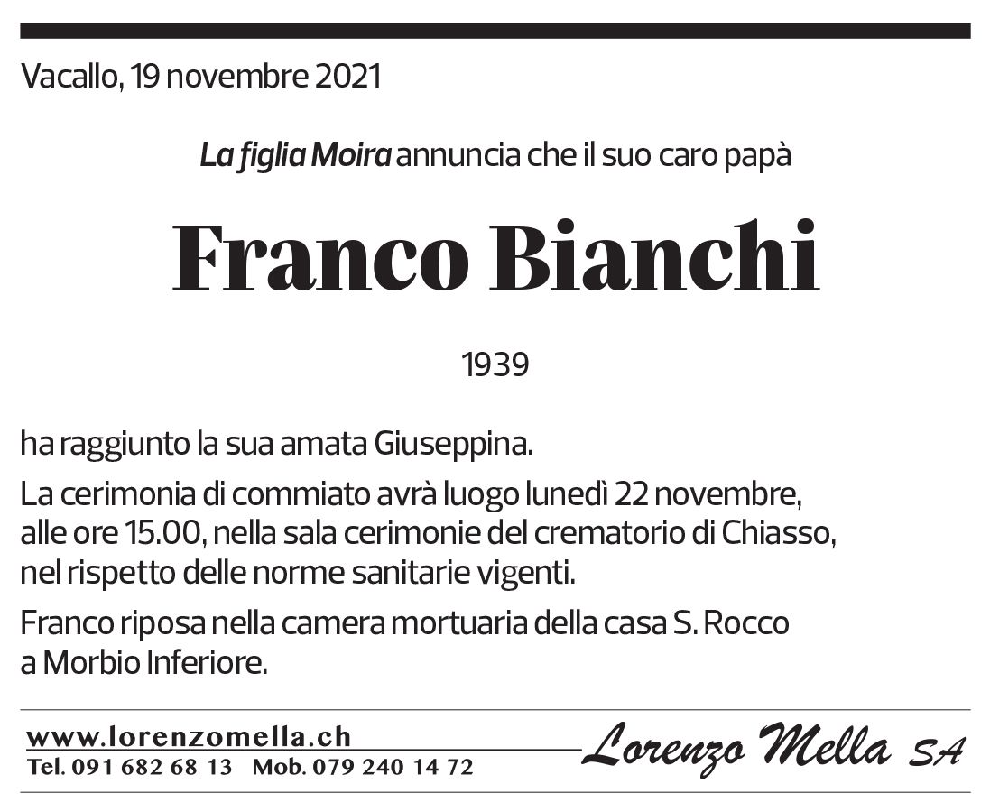 Annuncio funebre Franco Bianchi