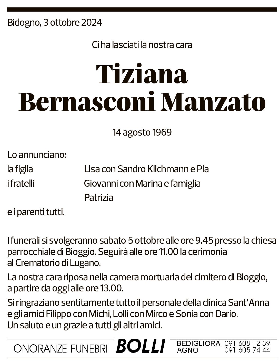 Annuncio funebre Tiziana Bernasconi Manzato