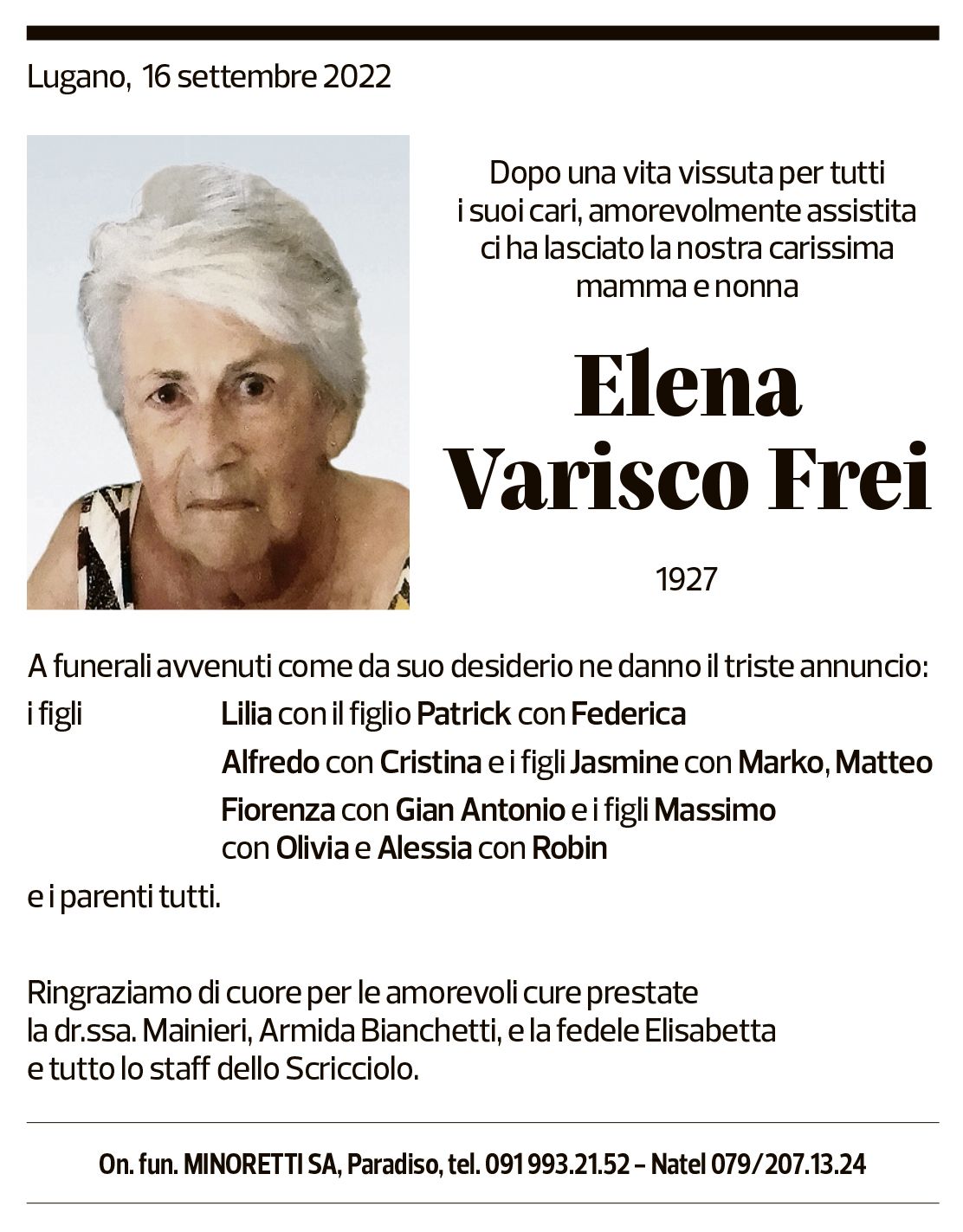 Annuncio funebre Elena Varisco Frei