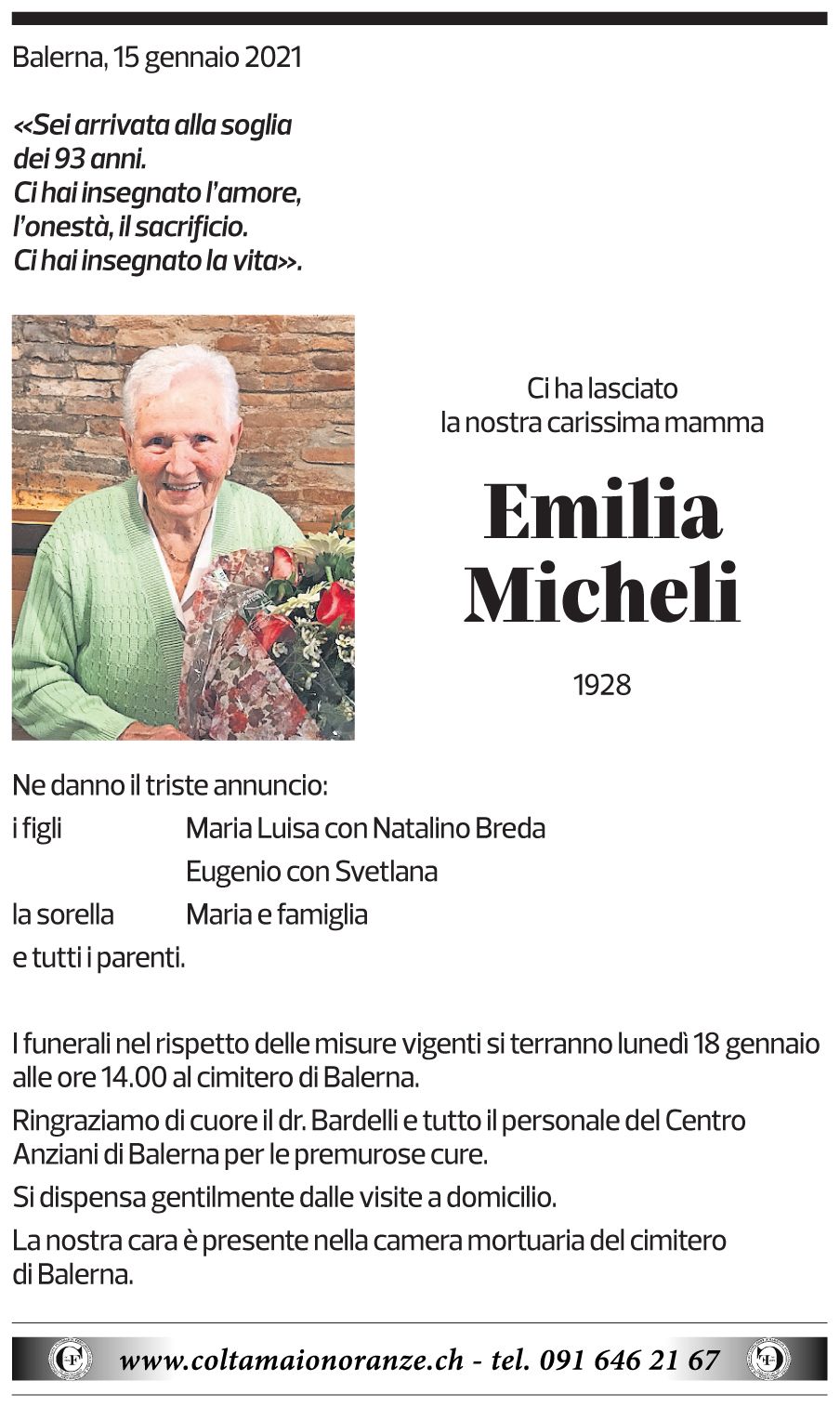 Annuncio funebre Emilia Micheli