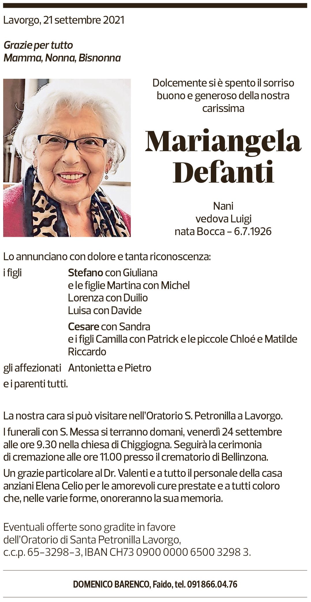 Annuncio funebre Mariangela Defanti