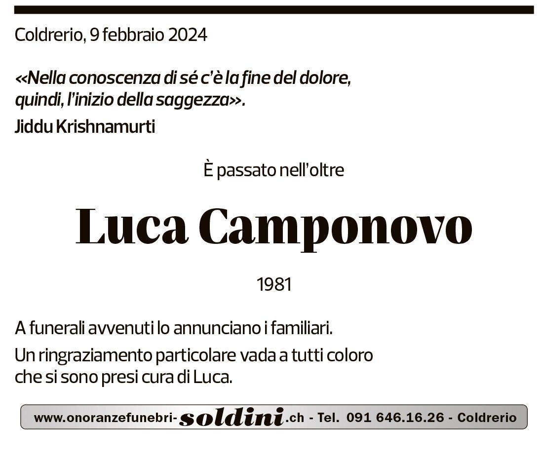 Annuncio funebre Luca Camponovo