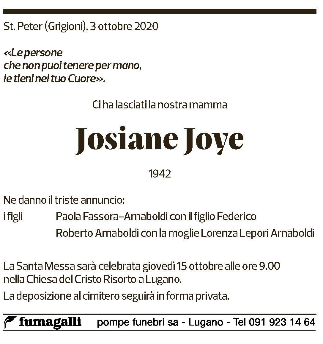 Annuncio funebre Josiane Joye