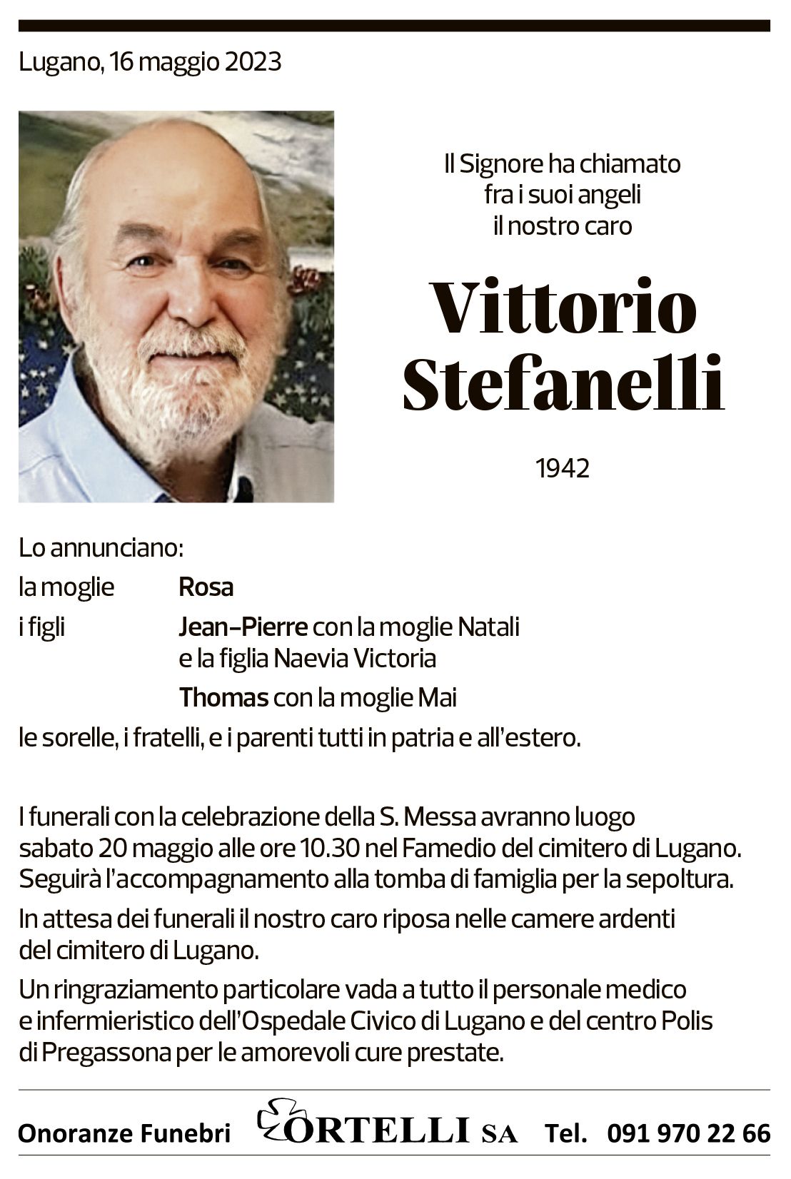 Annuncio funebre Vittorio Stefanelli