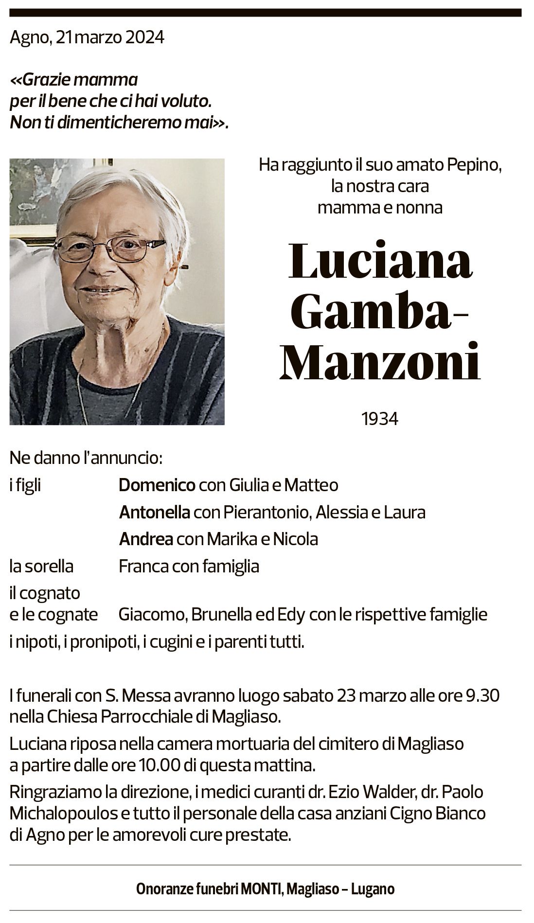 Annuncio funebre Luciana Gamba-manzoni