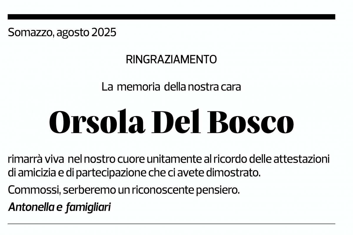 Annuncio funebre Orsola Del Bosco