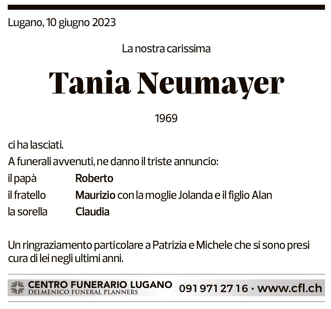 Annuncio funebre Tania Neumayer