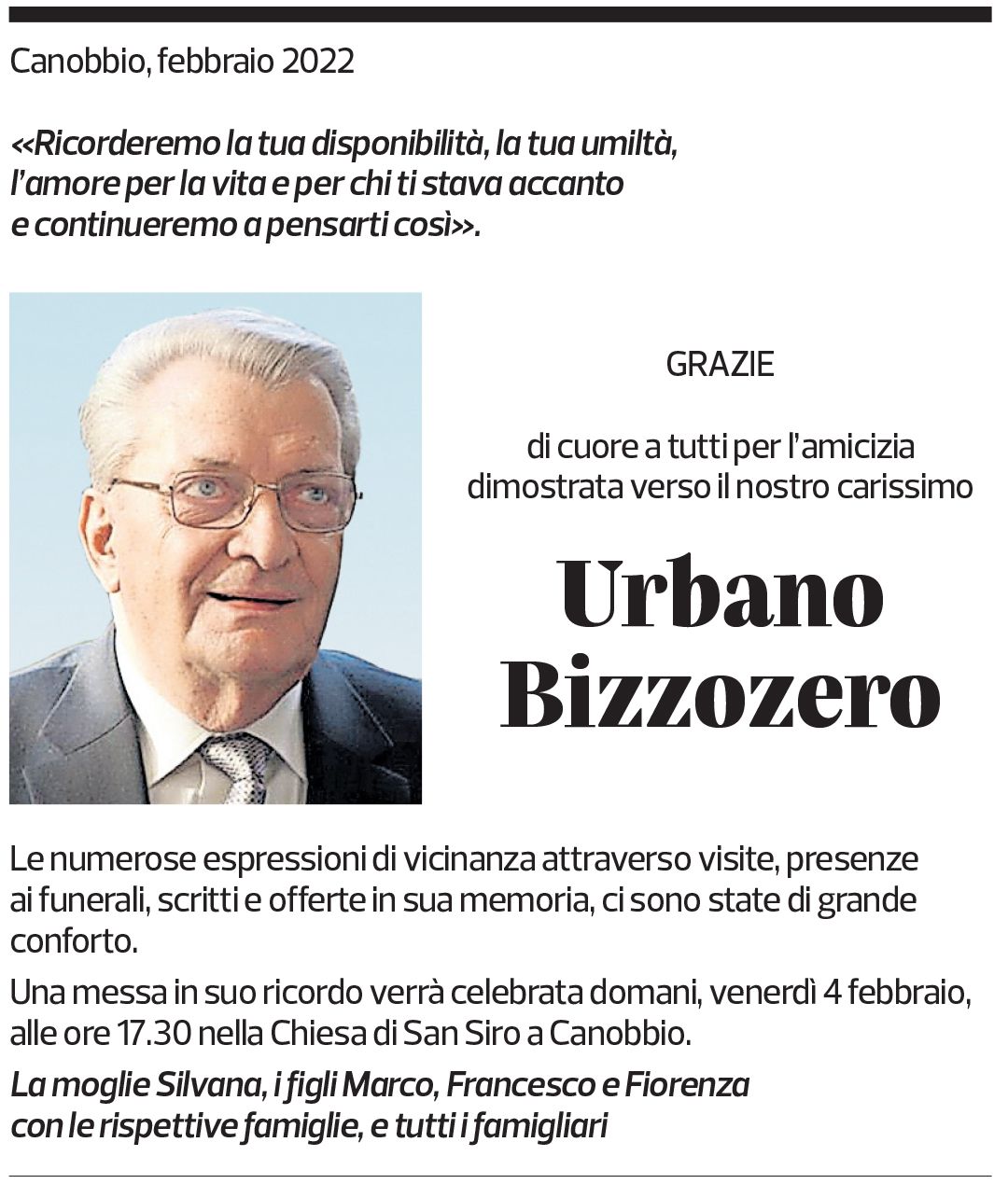 Annuncio funebre Urbano Bizzozero