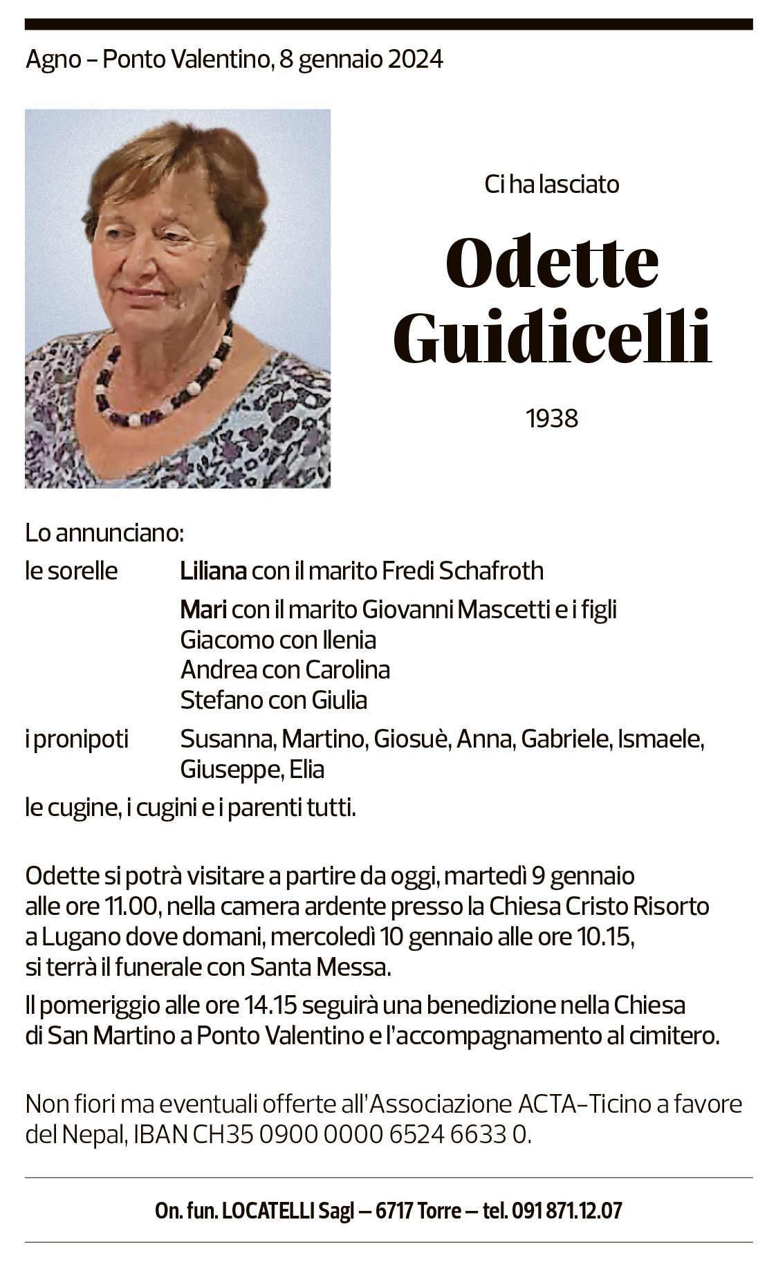 Annuncio funebre Odette Guidicelli