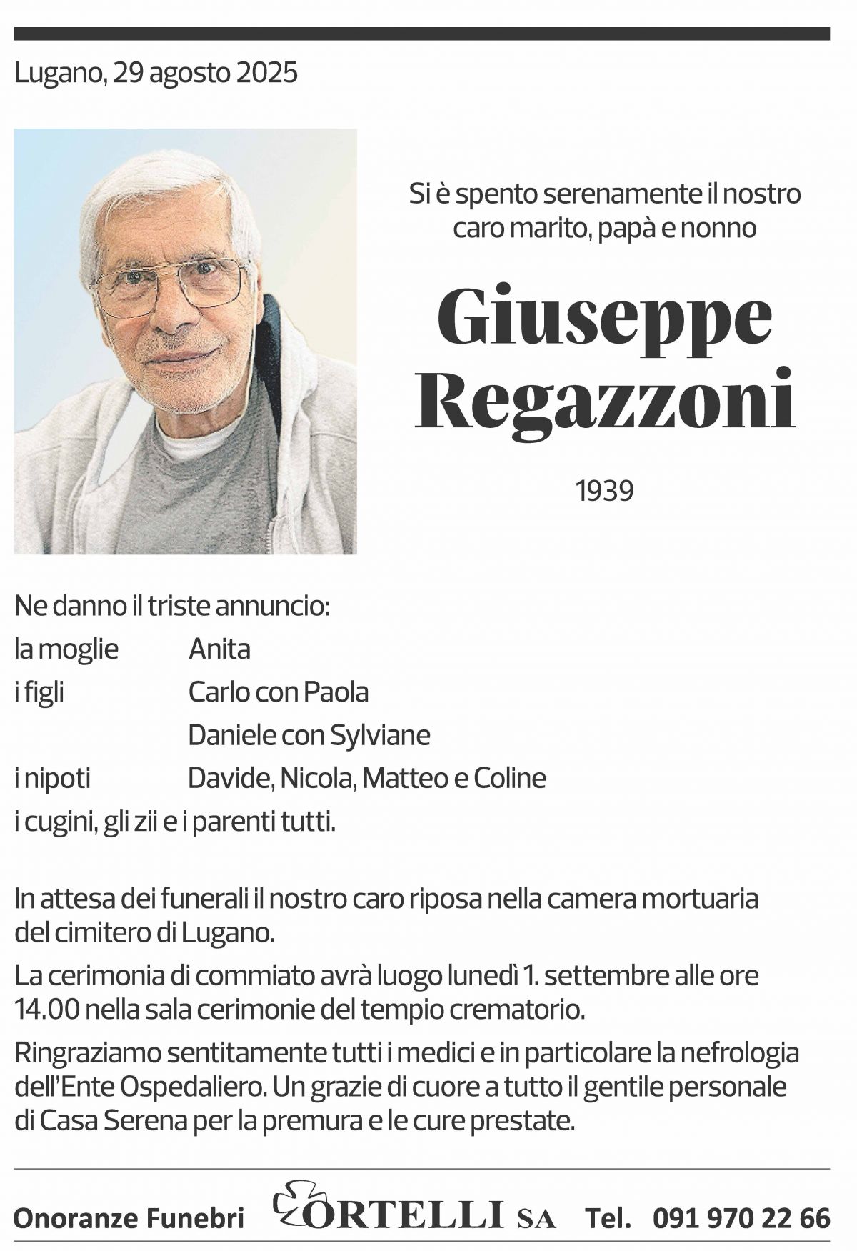 Annuncio funebre Giuseppe Regazzoni