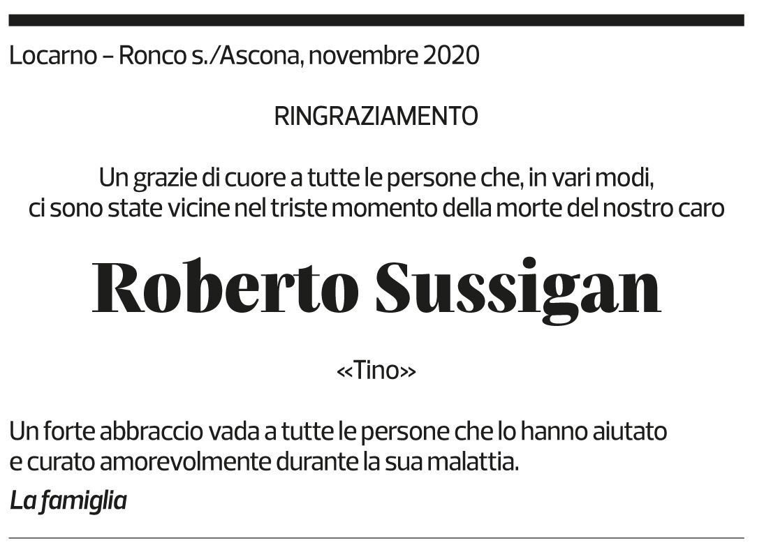 Annuncio funebre Roberto Sussigan