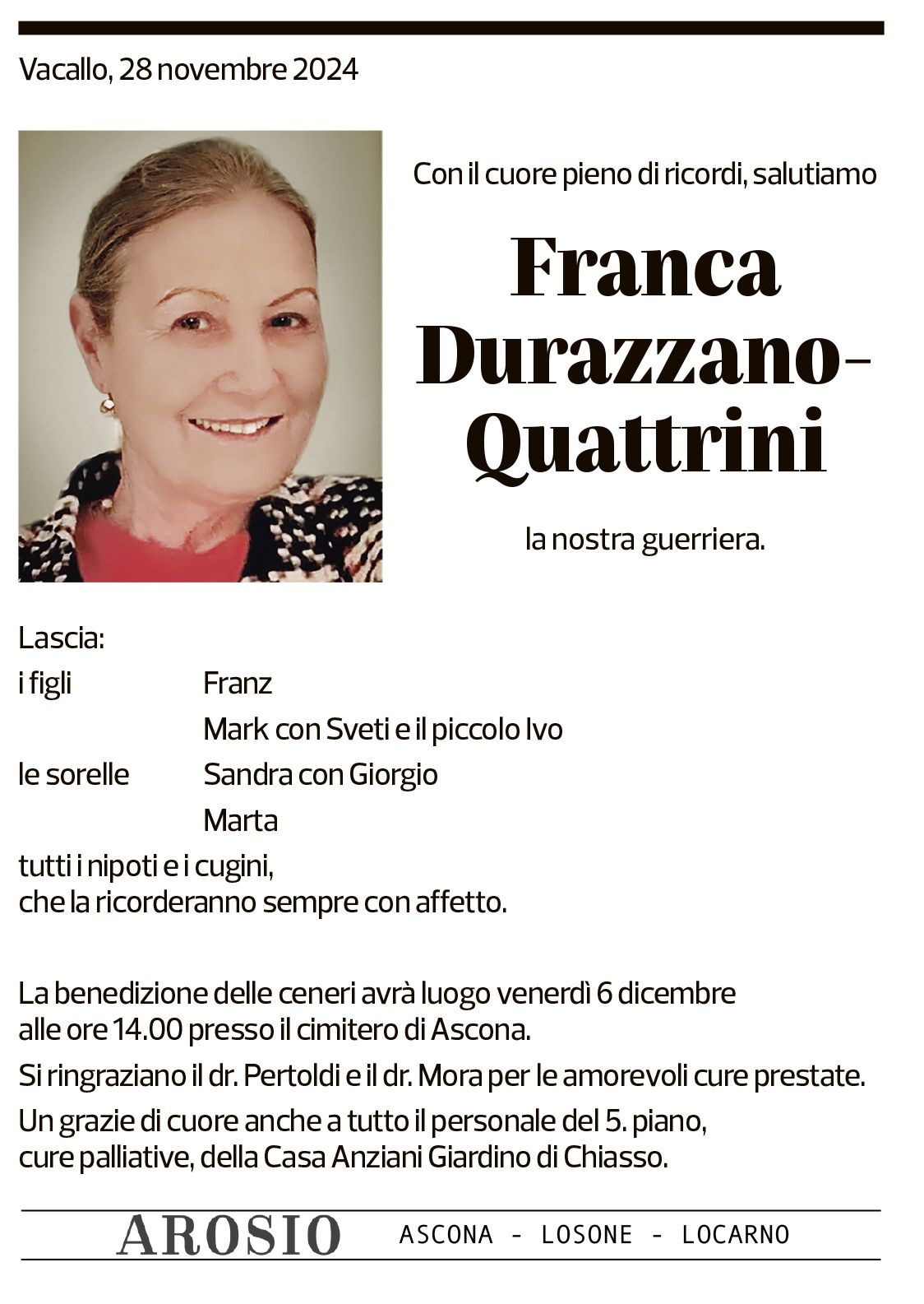 Annuncio funebre Franca Durazzano-quattrini