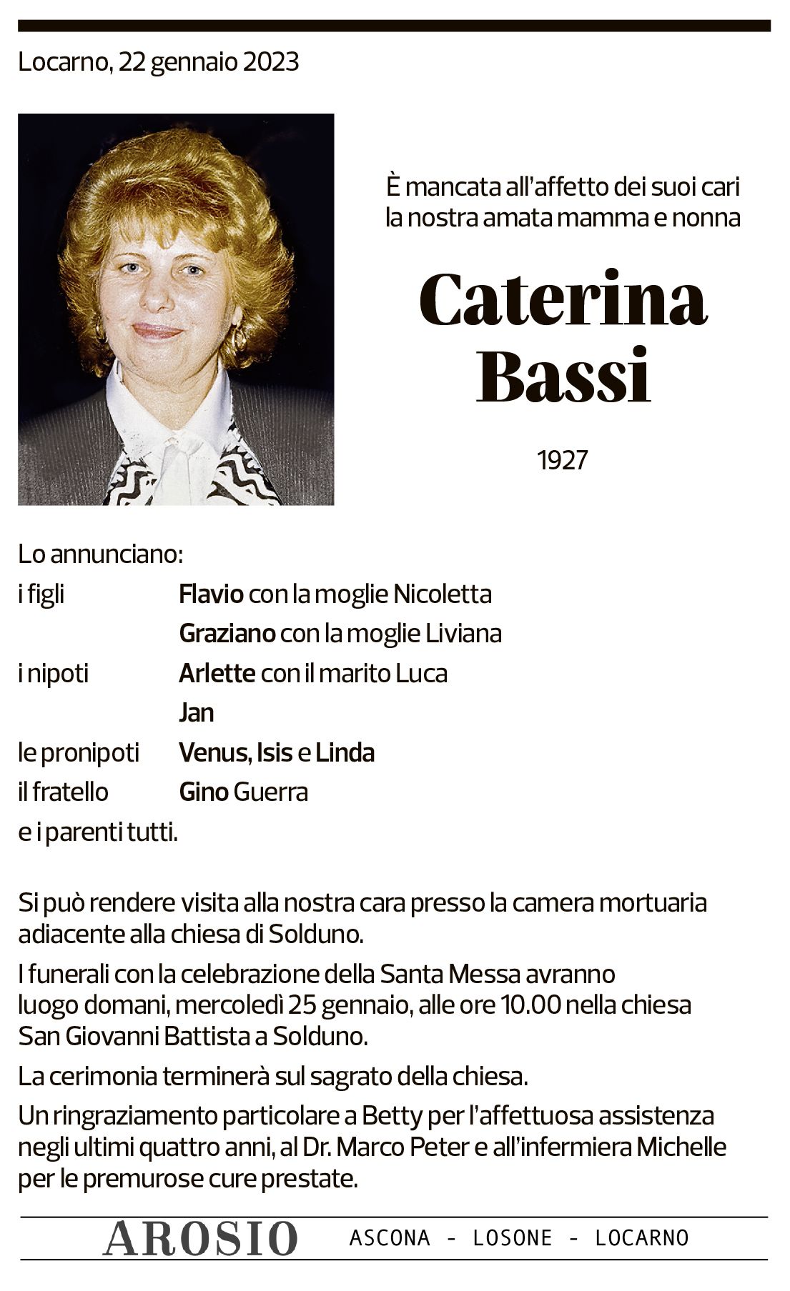 Annuncio funebre Caterina Bassi