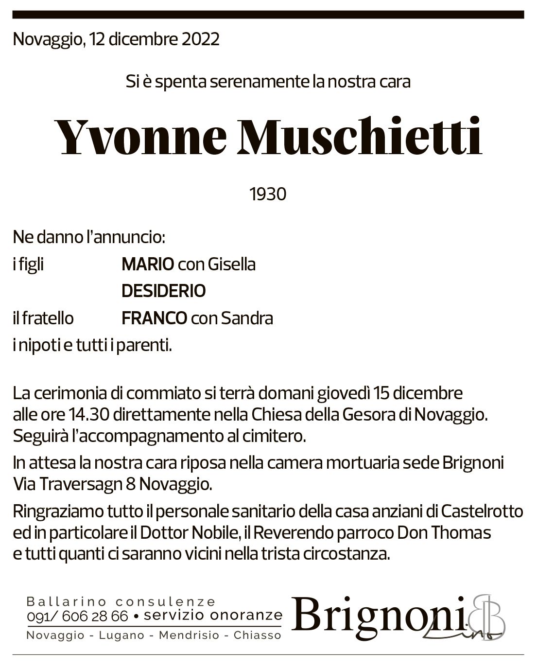 Annuncio funebre Yvonne Muschietti