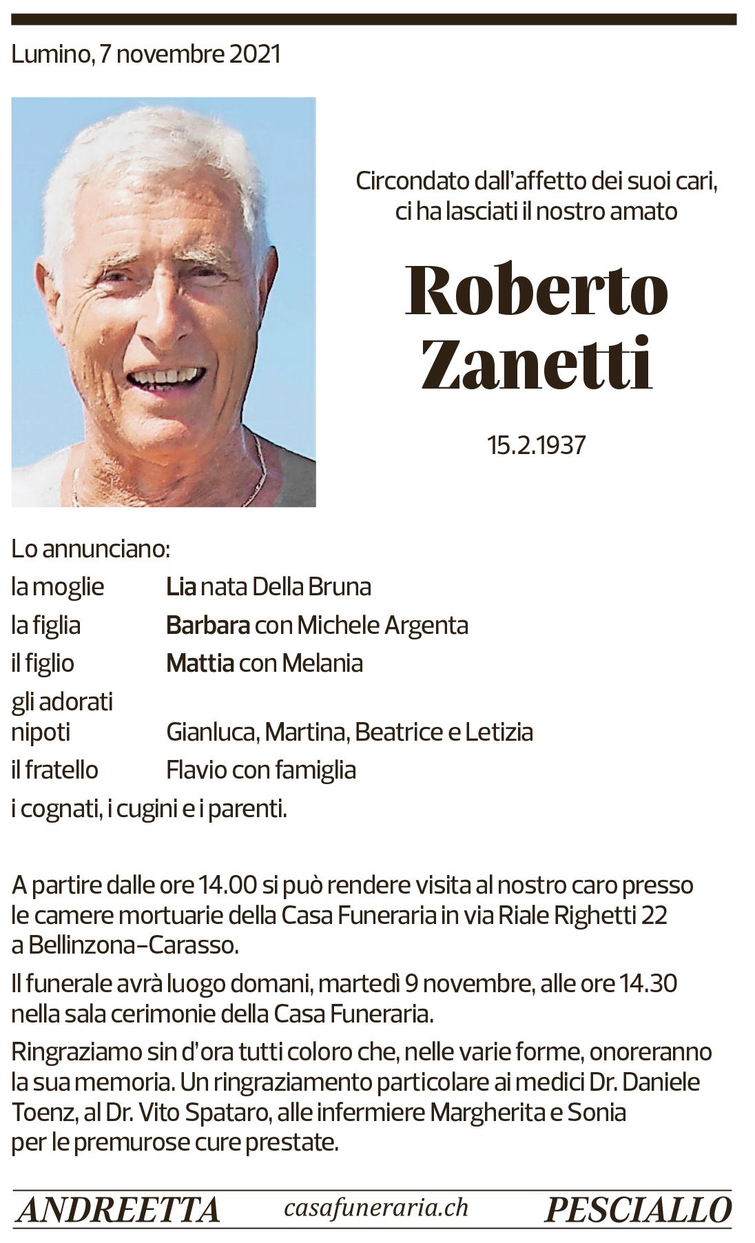 Annuncio funebre Roberto Zanetti