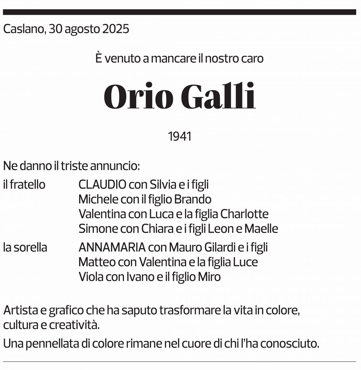Annuncio funebre Orio Galli