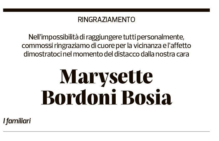 Annuncio funebre Marysette Bordoni Bosia