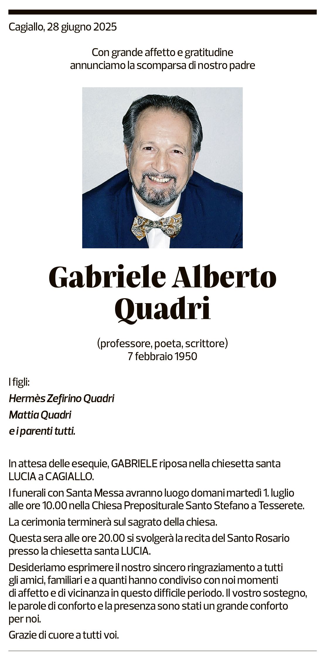 Annuncio funebre Gabriele Alberto Quadri