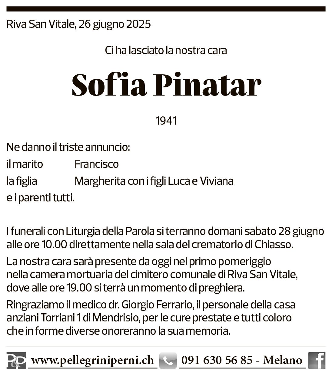 Annuncio funebre Sofia Pinatar