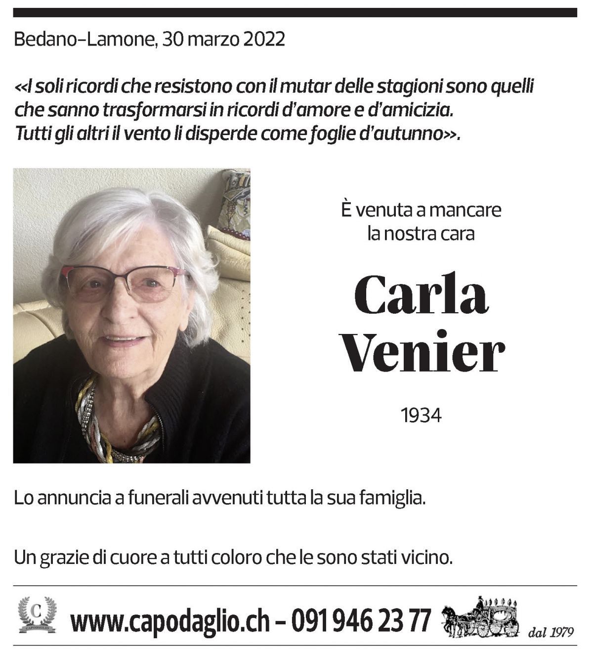 Annuncio funebre Carla Venier