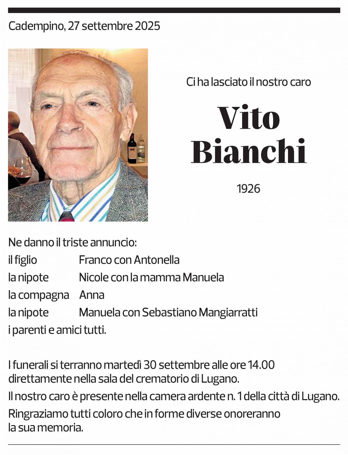 Annuncio funebre Vito Bianchi