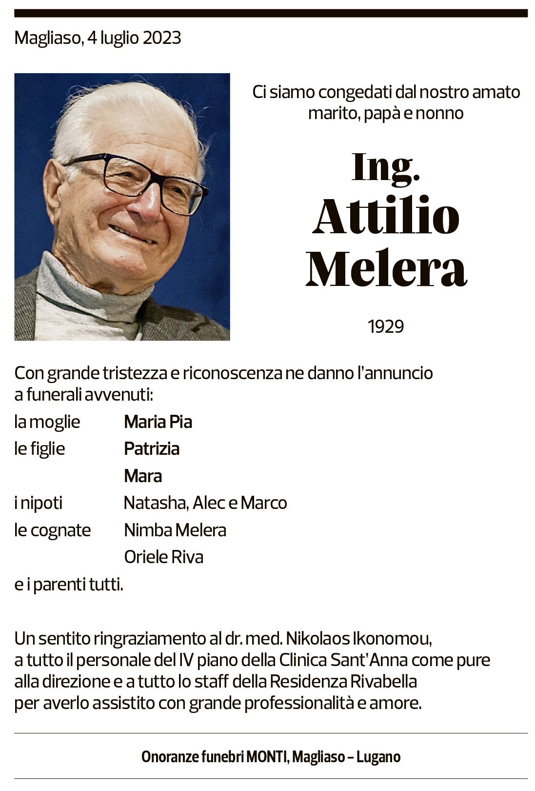 Annuncio funebre Attilio Melera