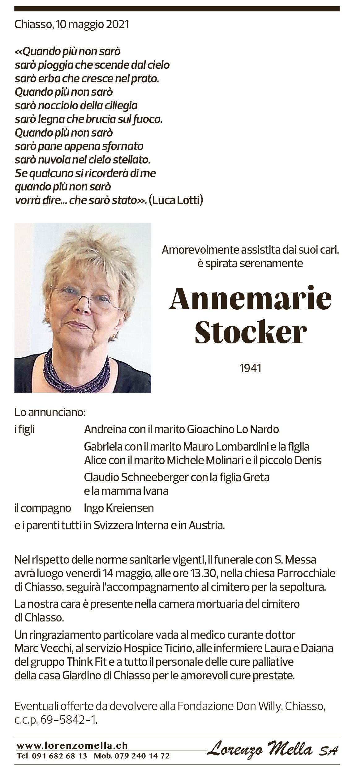 Annuncio funebre Annemarie Stocker