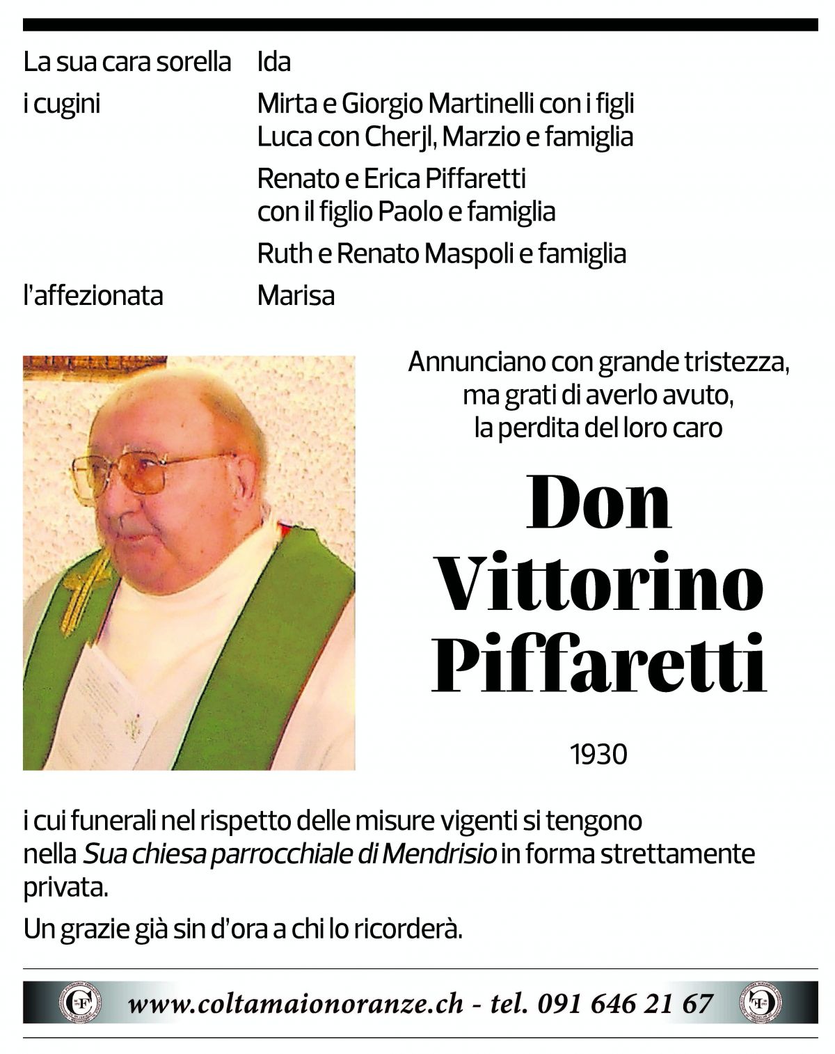 Annuncio funebre Don Vittorino Piffaretti