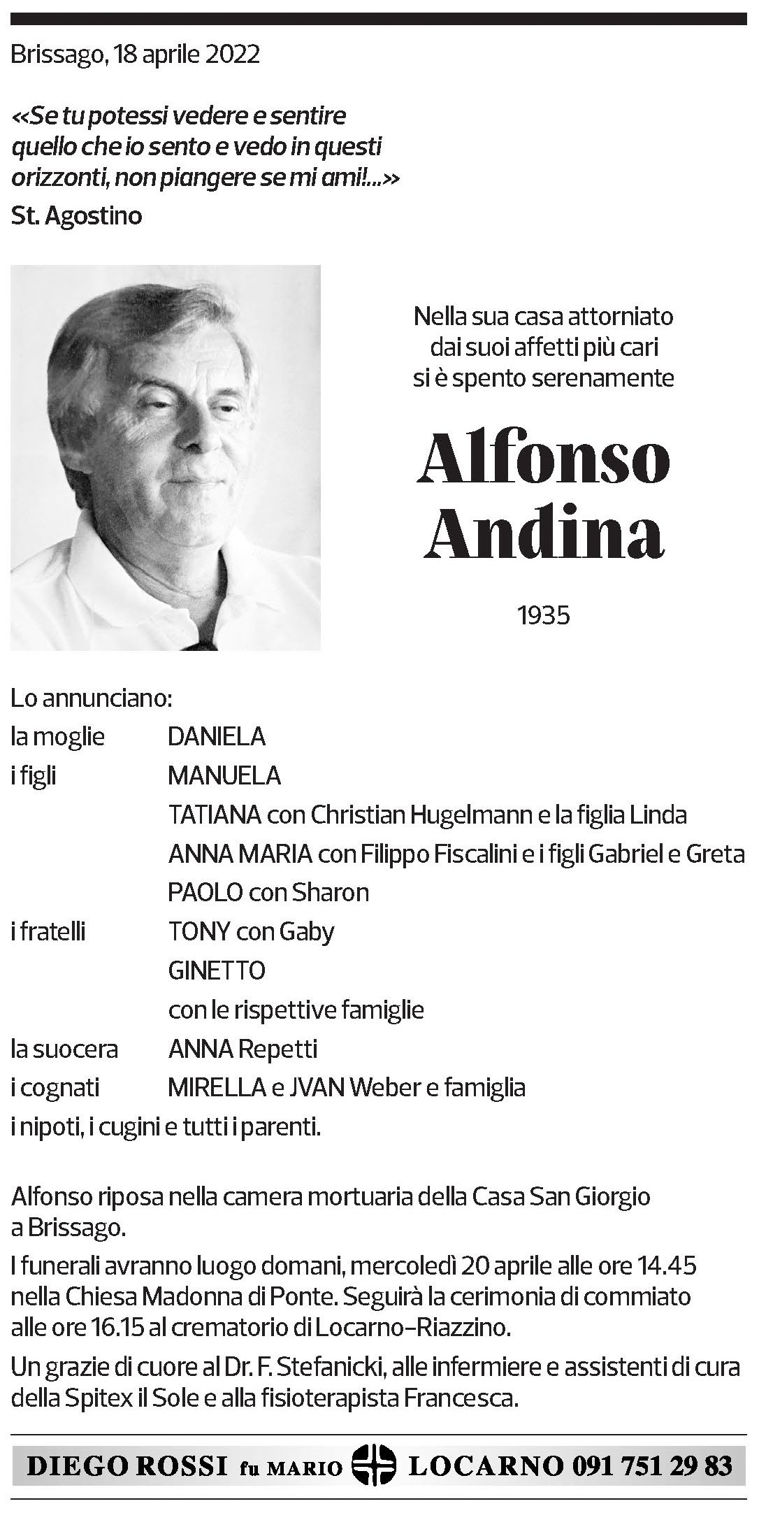 Annuncio funebre Alfonso Andina