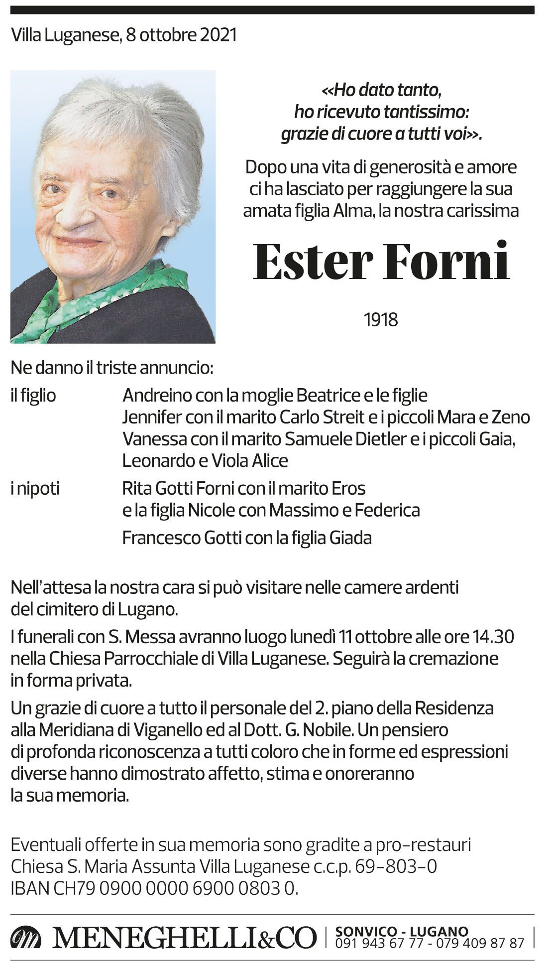 Annuncio funebre Ester Forni