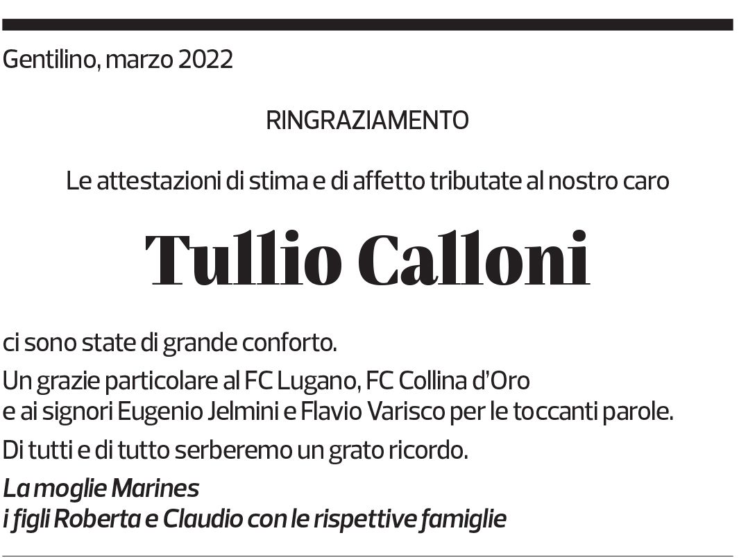 Annuncio funebre Tullio Calloni