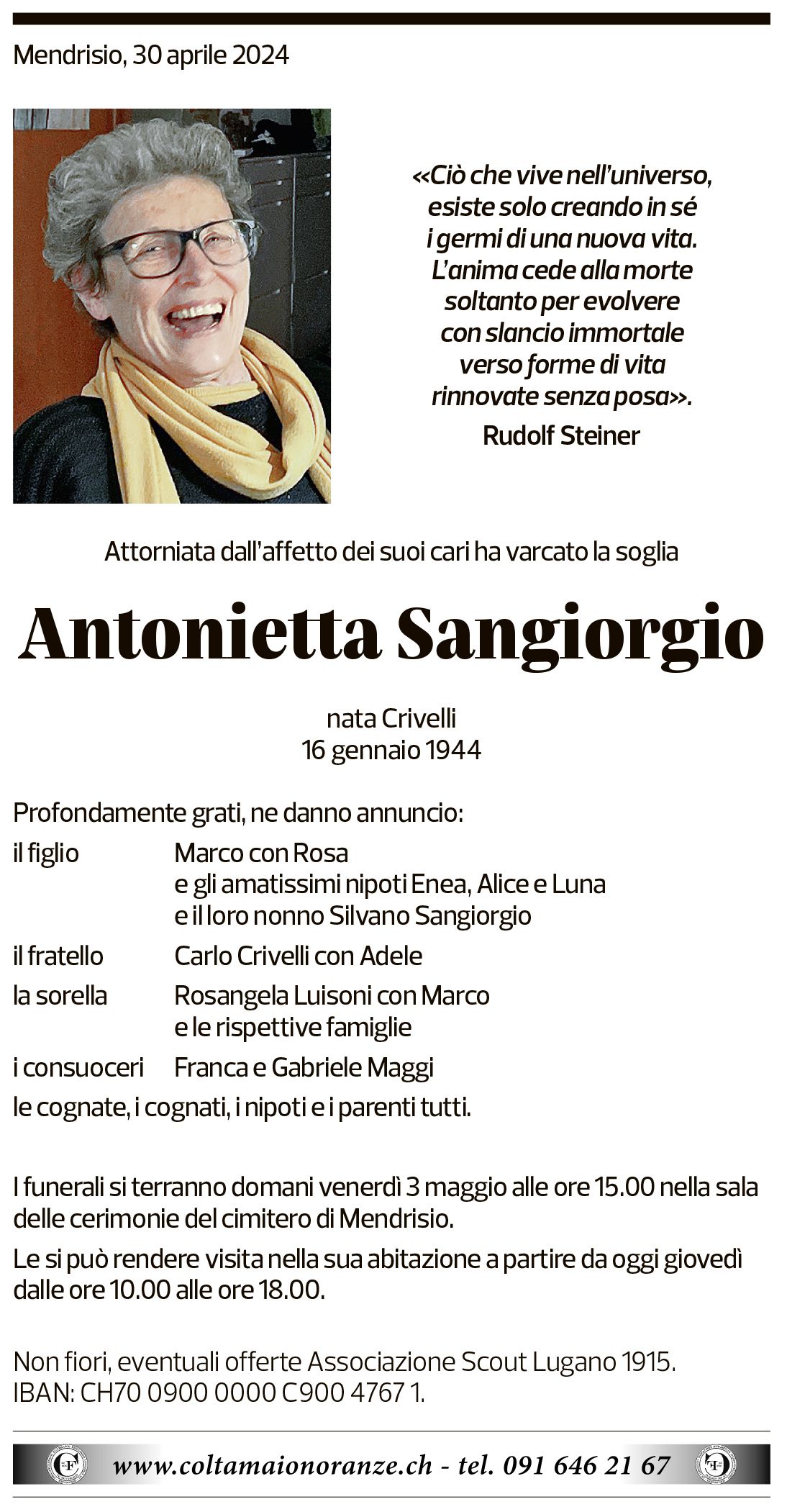 Annuncio funebre Antonietta Sangiorgio