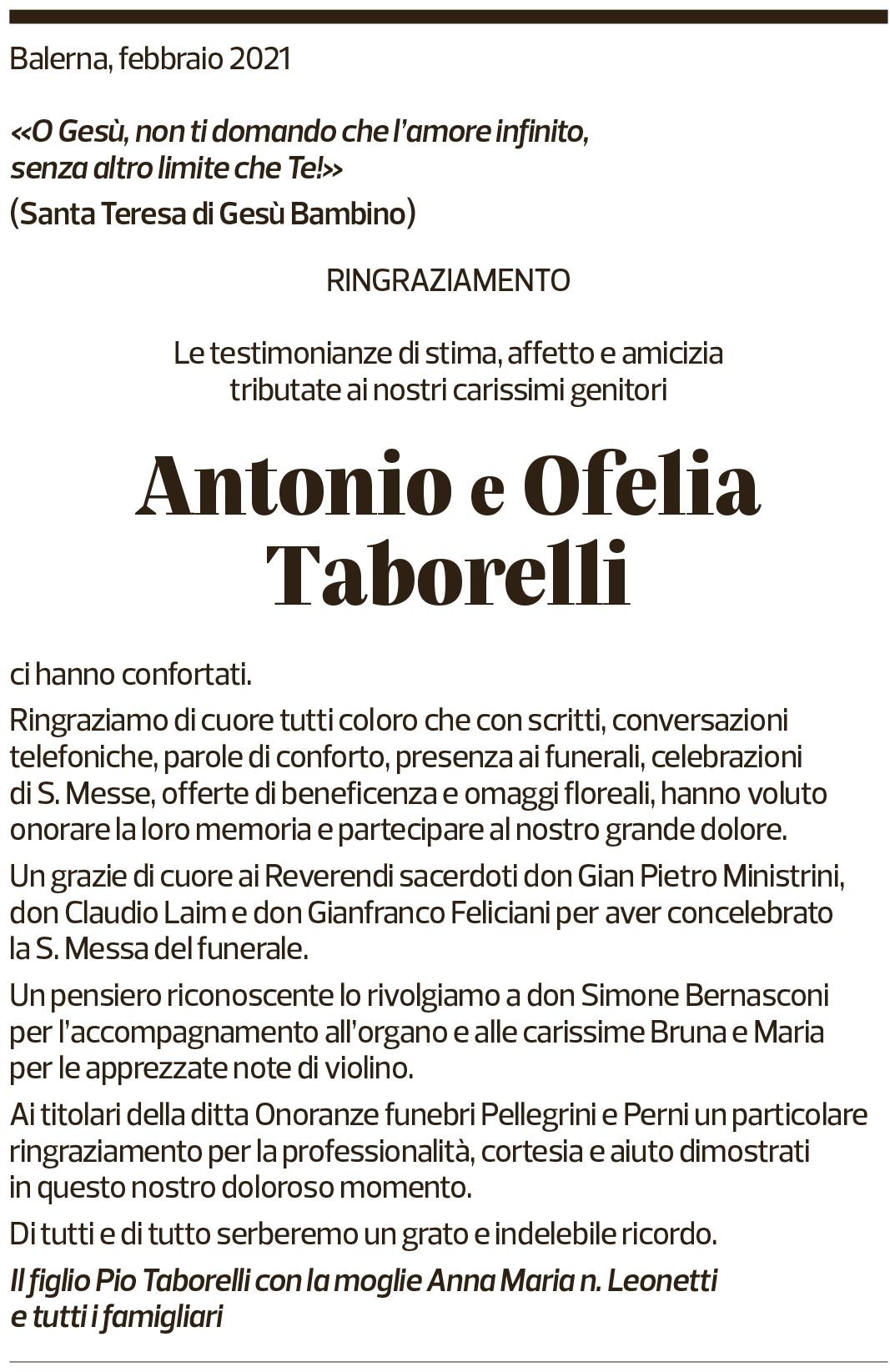 Annuncio funebre Antonio E Ofelia Taborelli