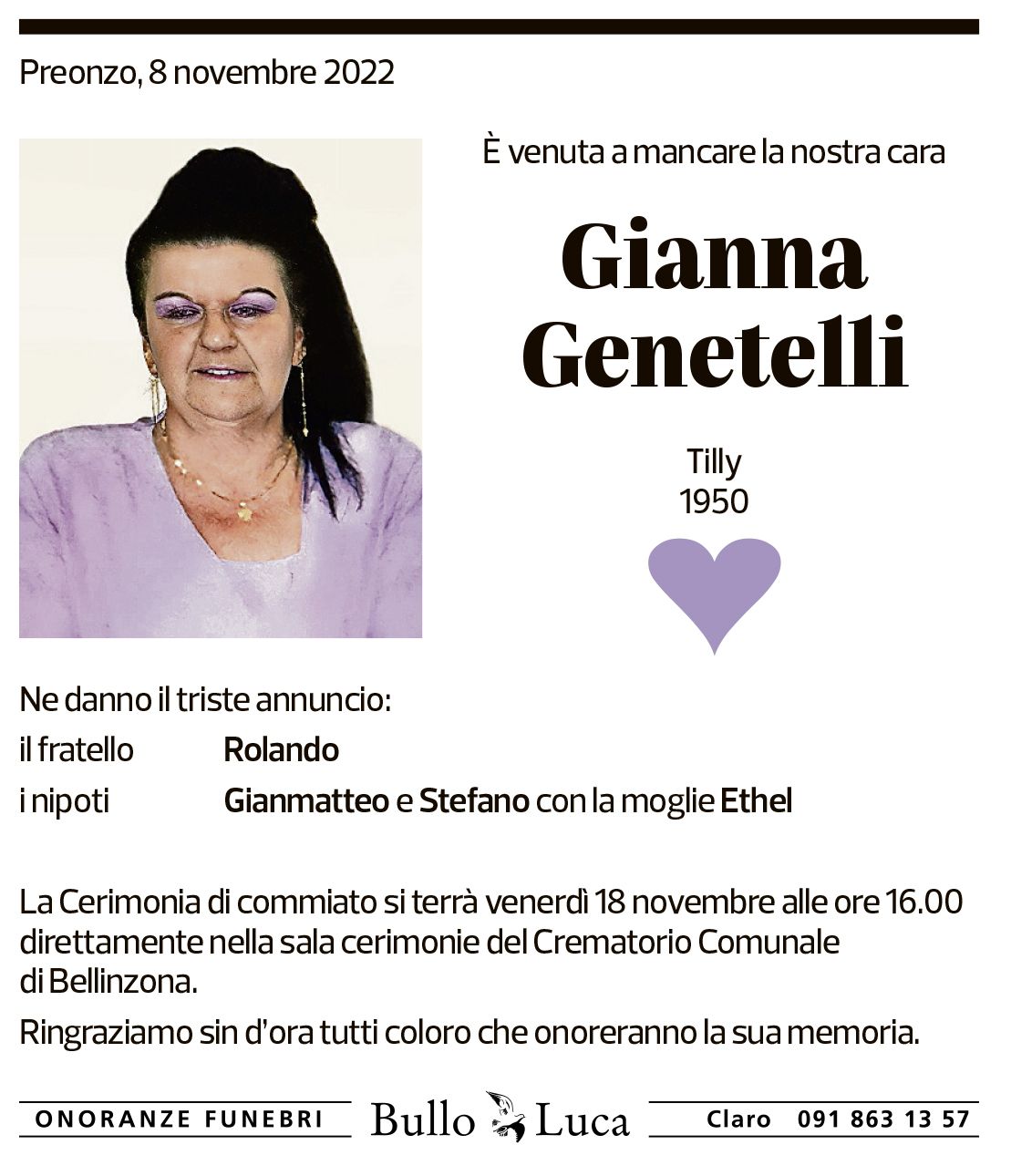 Annuncio funebre Gianna Genetelli