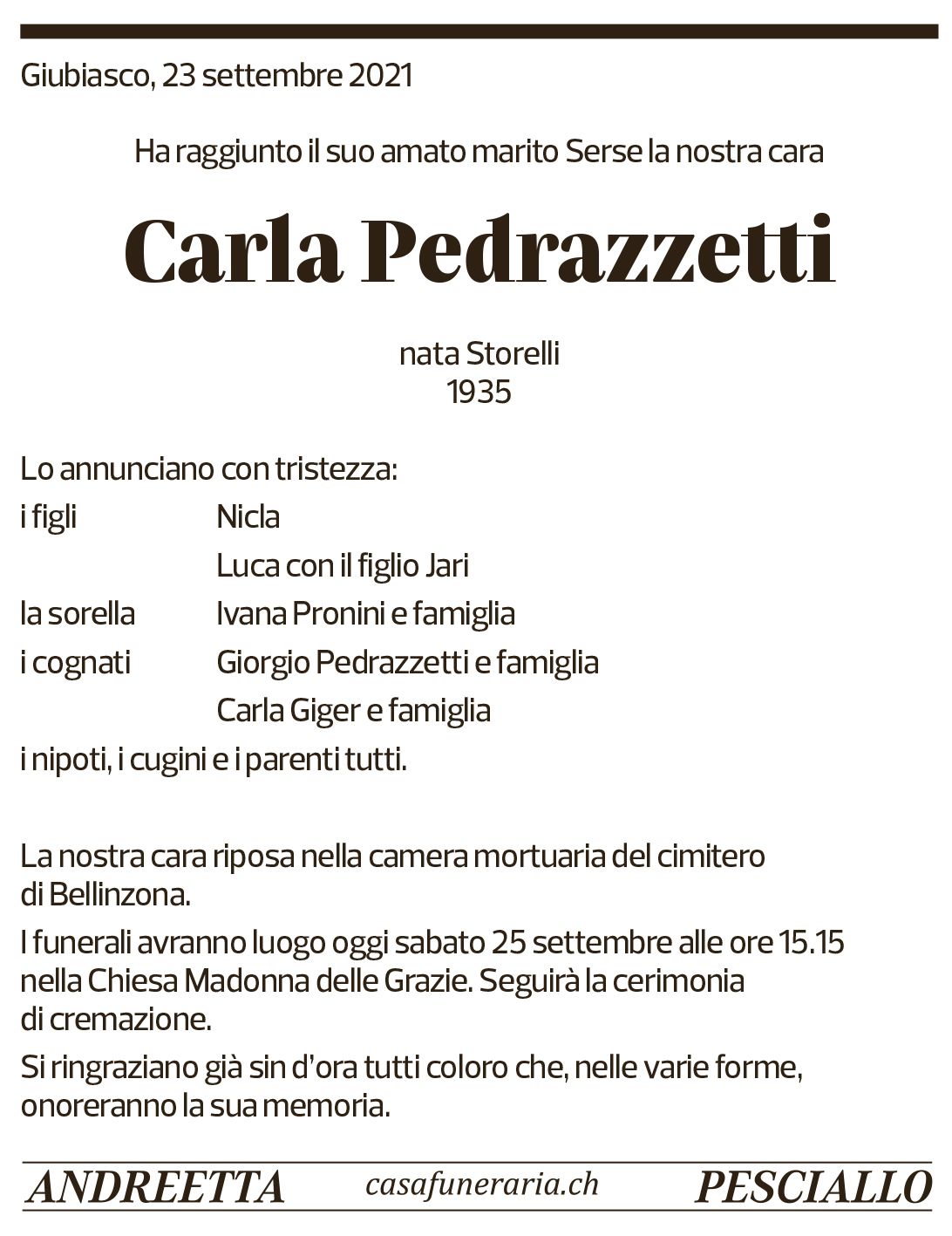 Annuncio funebre Carla Pedrazzetti