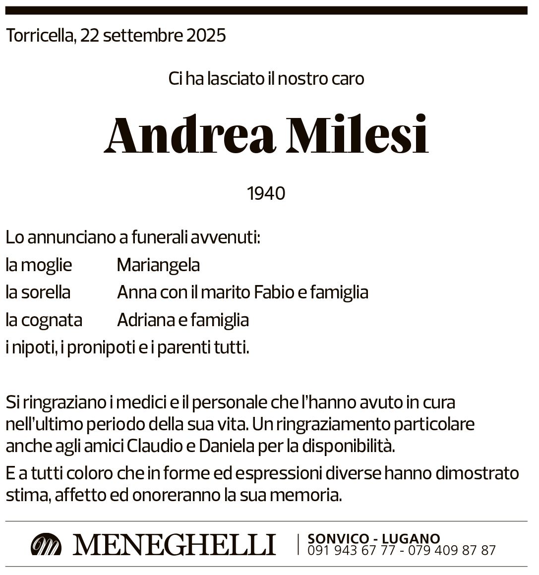 Annuncio funebre Andrea Milesi