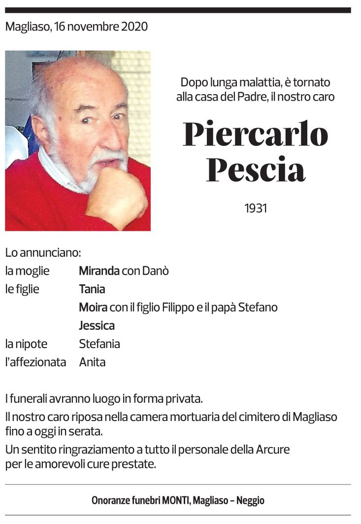 Annuncio funebre Piercarlo Pescia