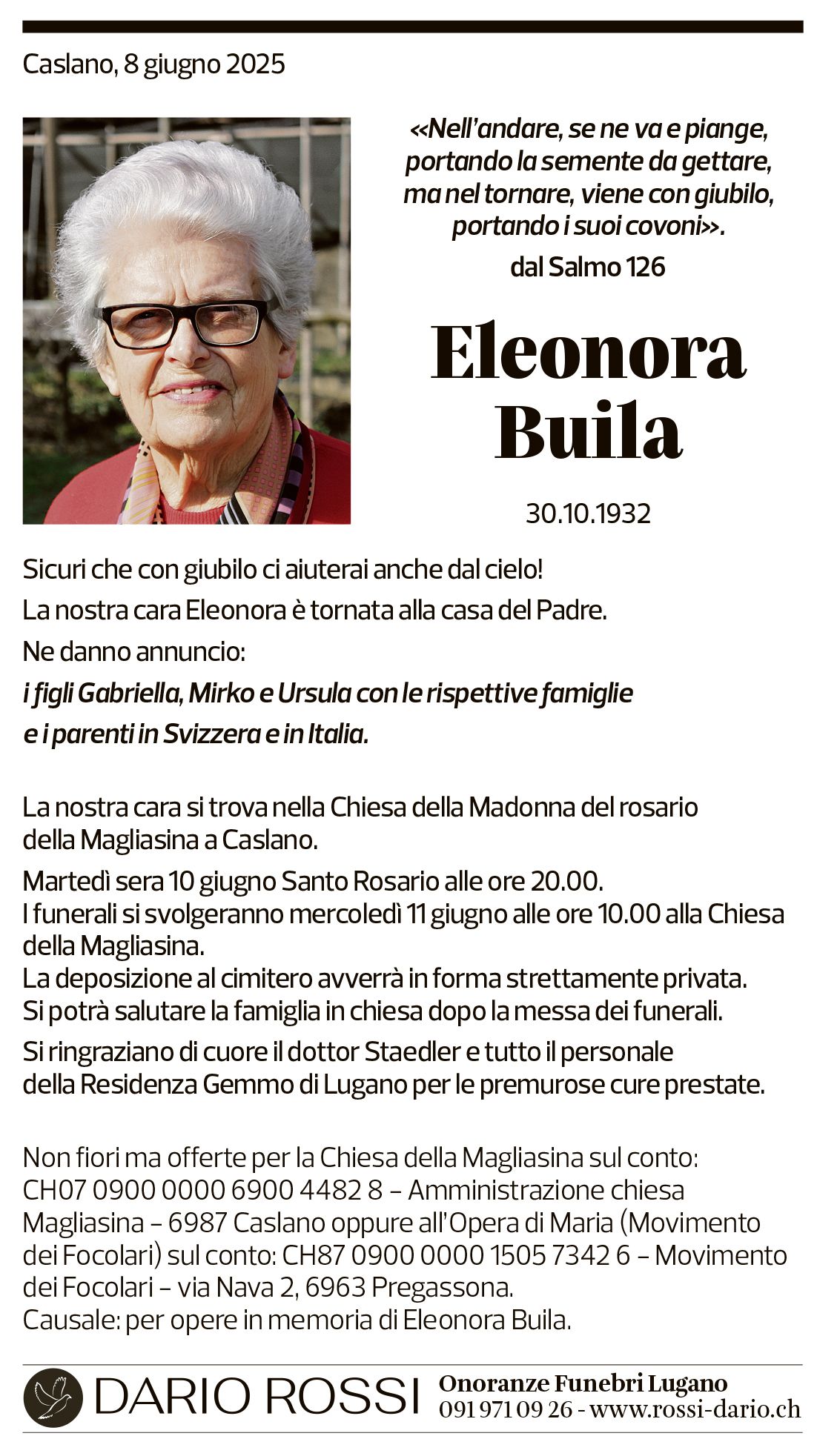 Annuncio funebre Eleonora Buila