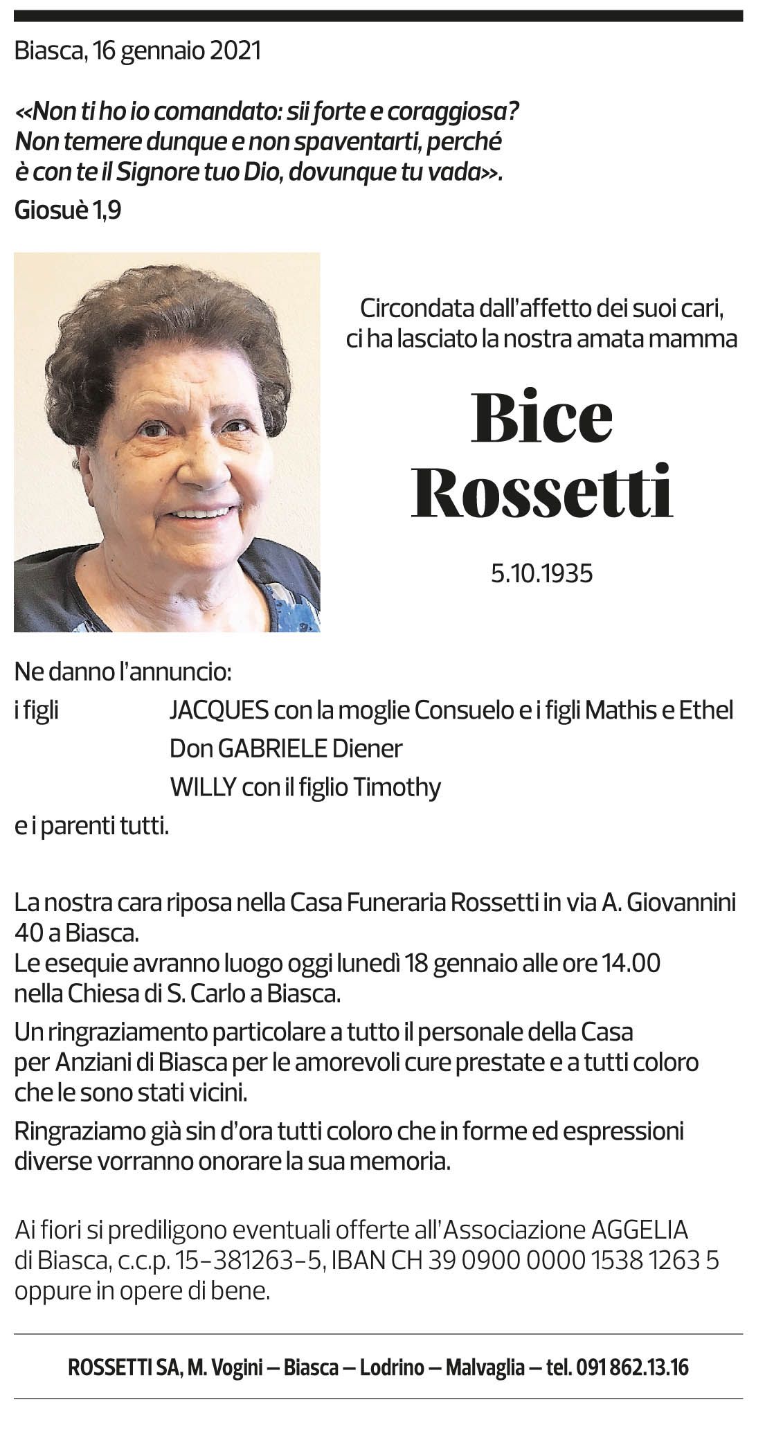 Annuncio funebre Bice Rossetti